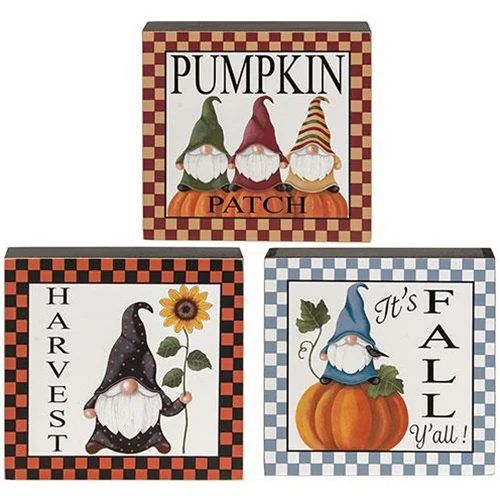 Set of 3 Fall Gnome Checkered 7.75" Box Signs - Image 2