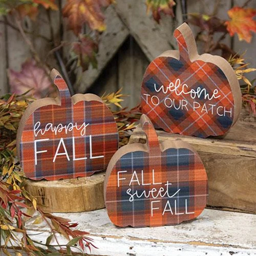 Set of 3 Fall Sweet Fall Plaid Pumpkin Chunky Sitters - Image 2