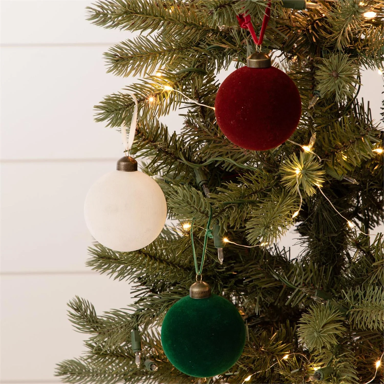 Set of 3 Flocked Ornament Balls - Green, Burgundy, Cream 3.5" diameter - Image 2