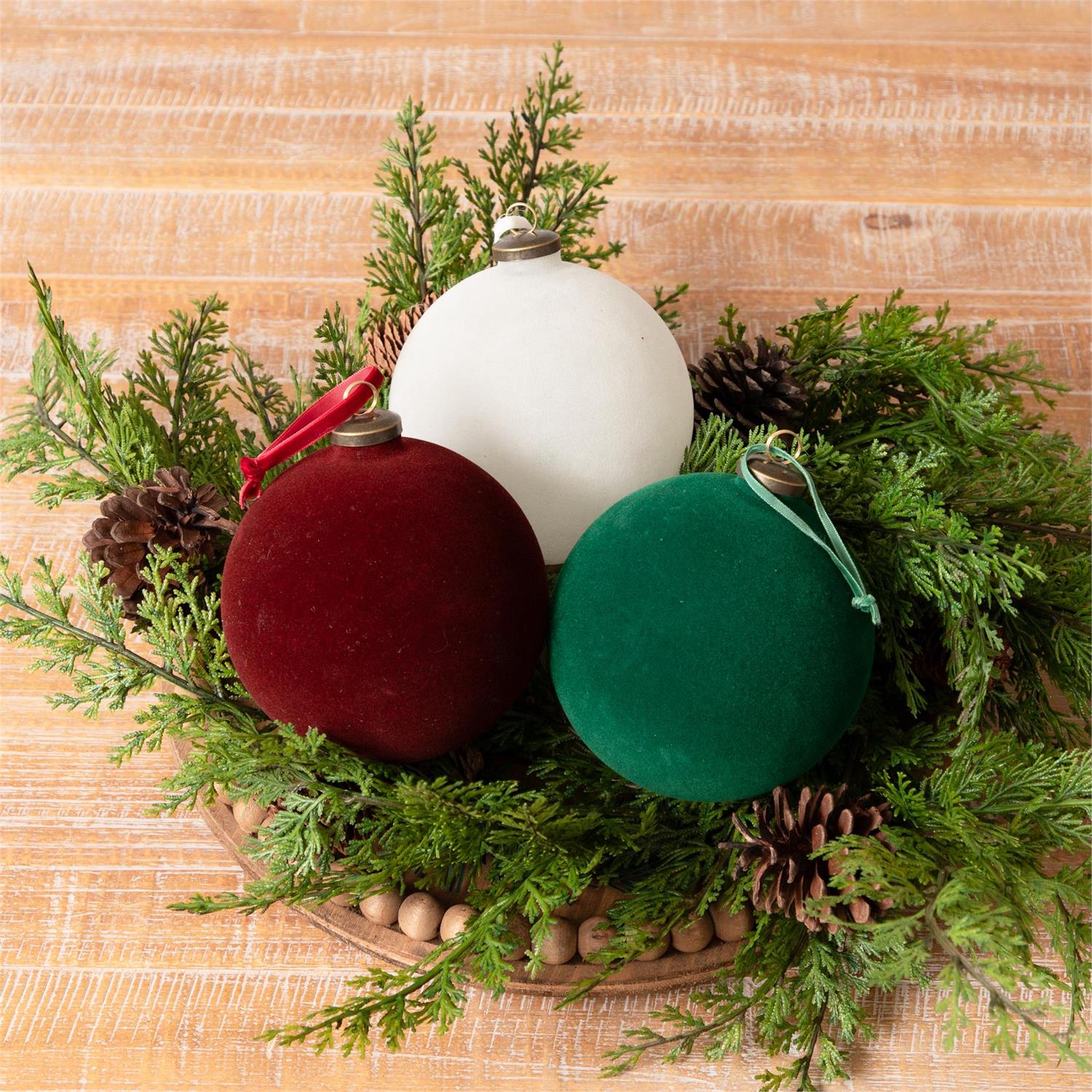 Set of 3 Flocked Ornament Balls - Green, Burgundy, Cream 5.5" diameter