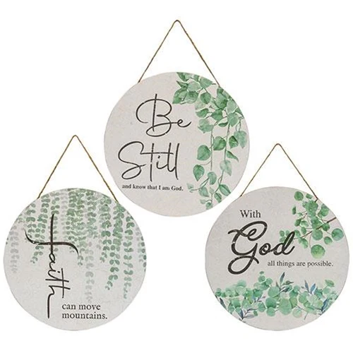 Set of 3 Floral Faith Inspirational 11.5" Round Signs