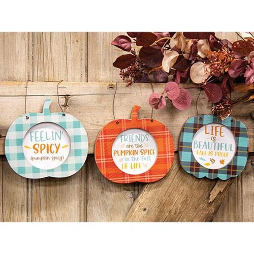 Set of 3 Fun Sayings 5.25" H Plaid Pumpkin Hangers - Image 2