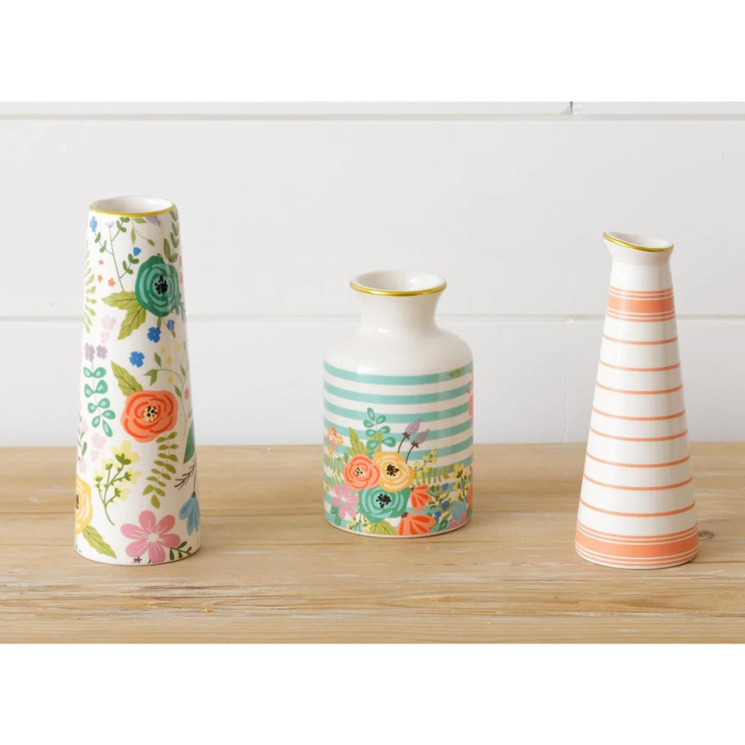 Set of 3 Garden Party Bud Vases with Gold Rim