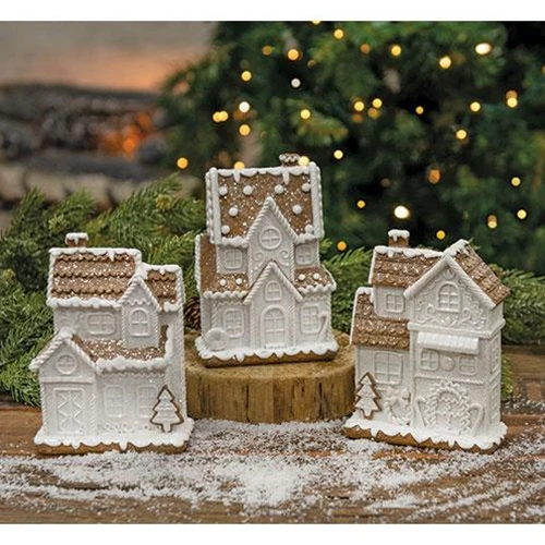 Set of 3 Glitter Resin Gingerbread Holiday Townhouse Figures - Image 6