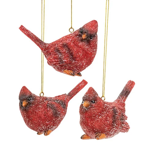Set of 3 Glittered Resin Sitting Cardinal Ornaments