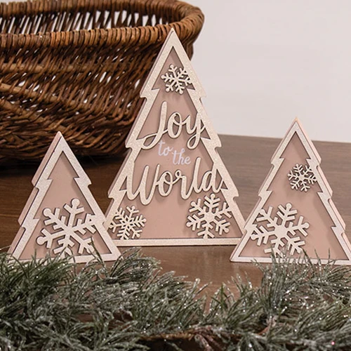 ๐ Set of 3 Glittered Wooden Joy to the World & Snowflake Christmas Tree Sitters - Image 2