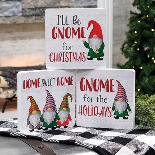 Set of 3 Gnome For Christmas Wood Block Signs