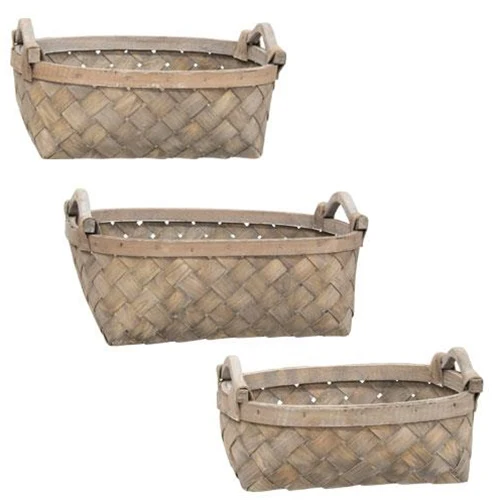 Set of 3 Graywashed Oval Baskets with Wooden Handles