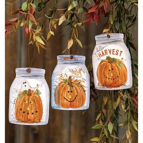 Set of 3 Happy Fall Mason Jar Shaped Ornaments