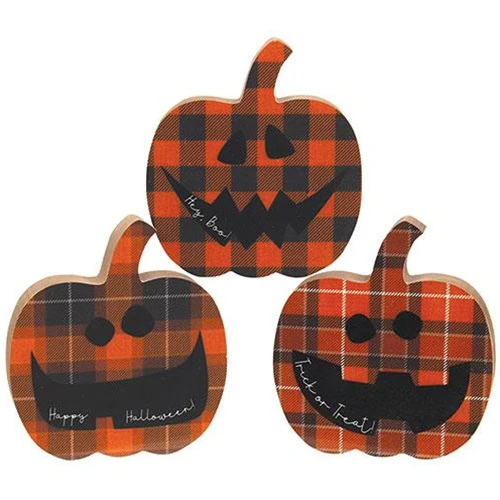 Set of 3 Happy Halloween Chunky Plaid Jack O Lantern Sitters