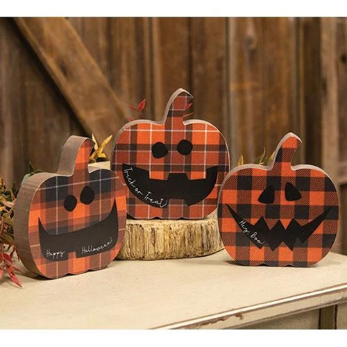 Set of 3 Happy Halloween Chunky Plaid Jack O Lantern Sitters - Image 2