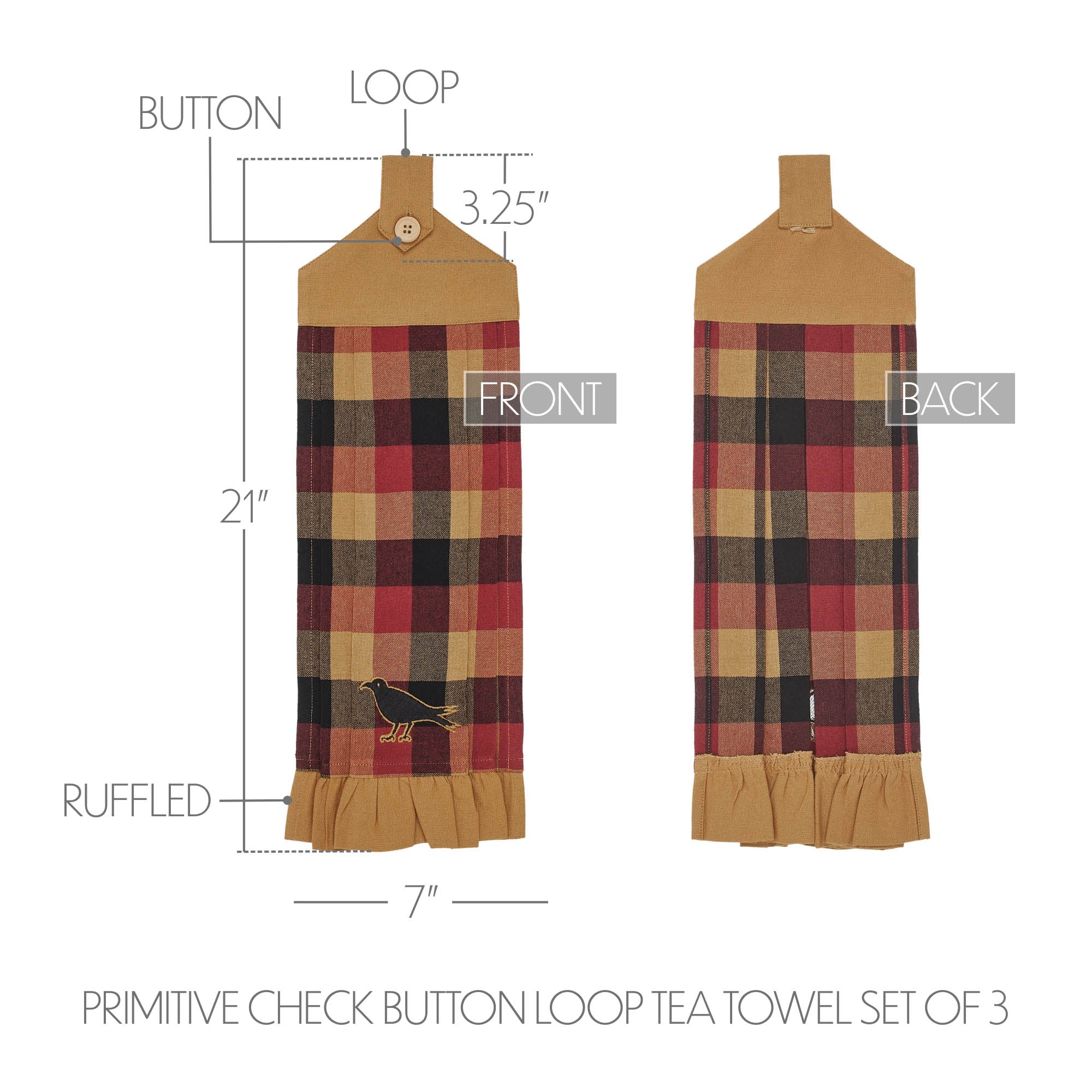Set of 3 Heritage Farms Primitive Check Button Loop Tea Towels - Image 4