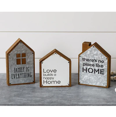 Set of 3 Home Sentiments Galvanized Metal and Wood Block Houses