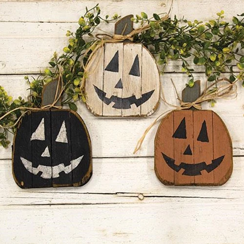 Set of 3 Jack Faced Pumpkins Wooden Lath Hangings - Image 2