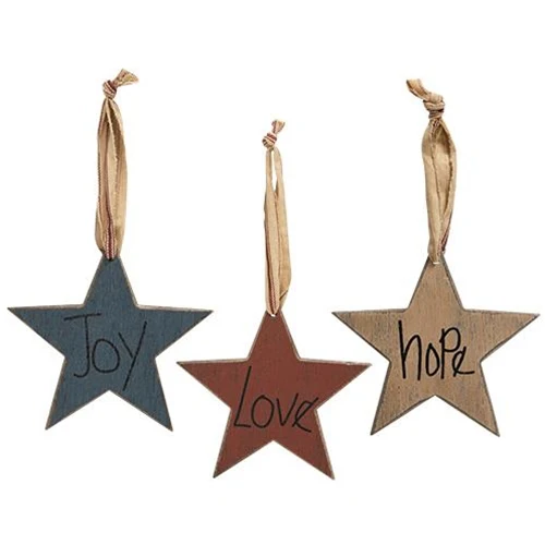 Set of 3 Joy Love Hope Primitive Star Ornaments