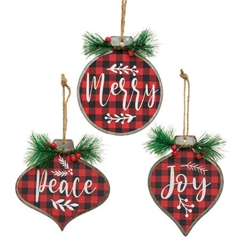 Set of 3 Joy Merry Peace Metal Ornaments