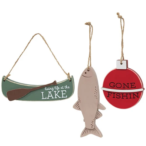 ๐ Set of 3 Lake Fishing Wooden Ornaments