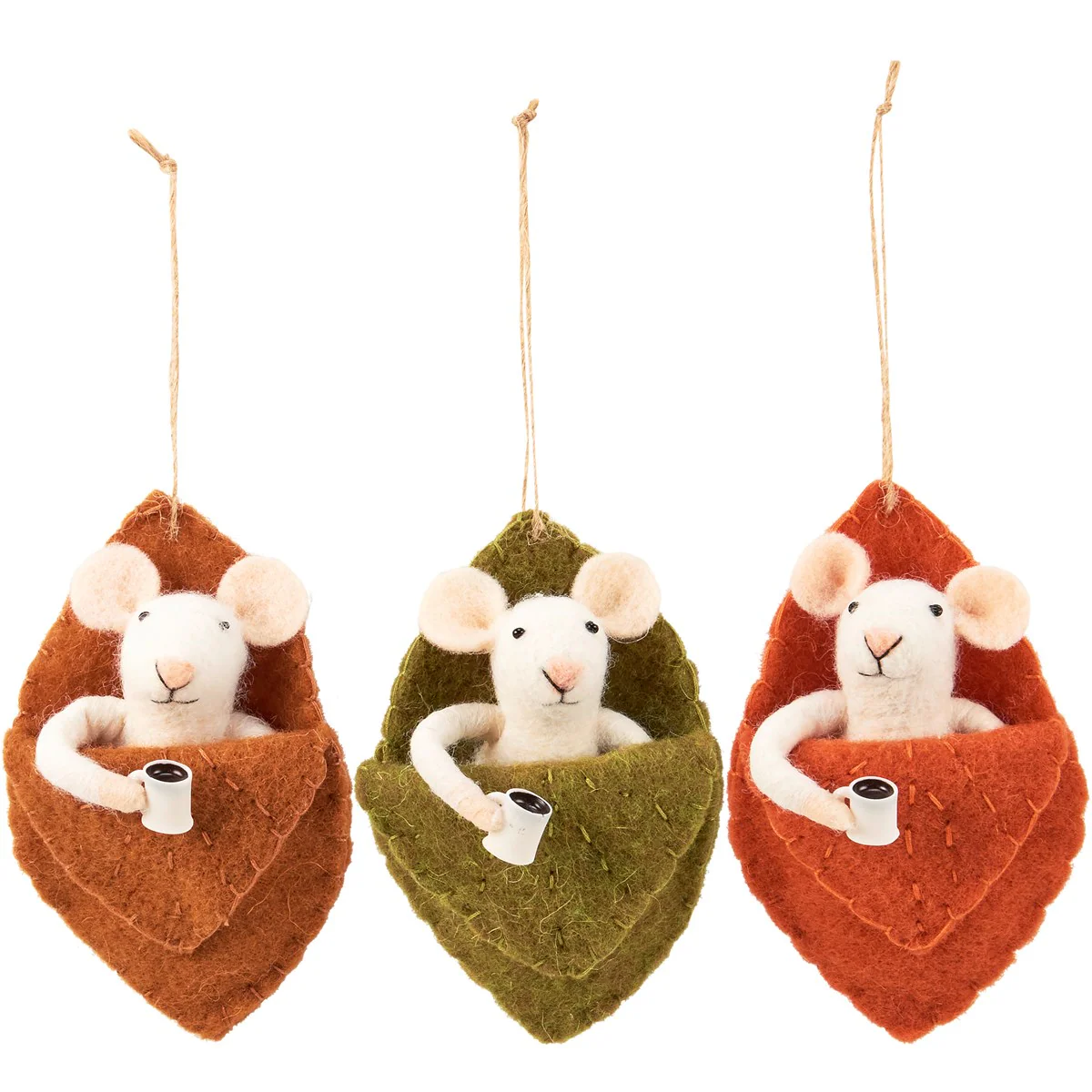 Set of 3 Mice In Leaves Felt Critter Ornaments