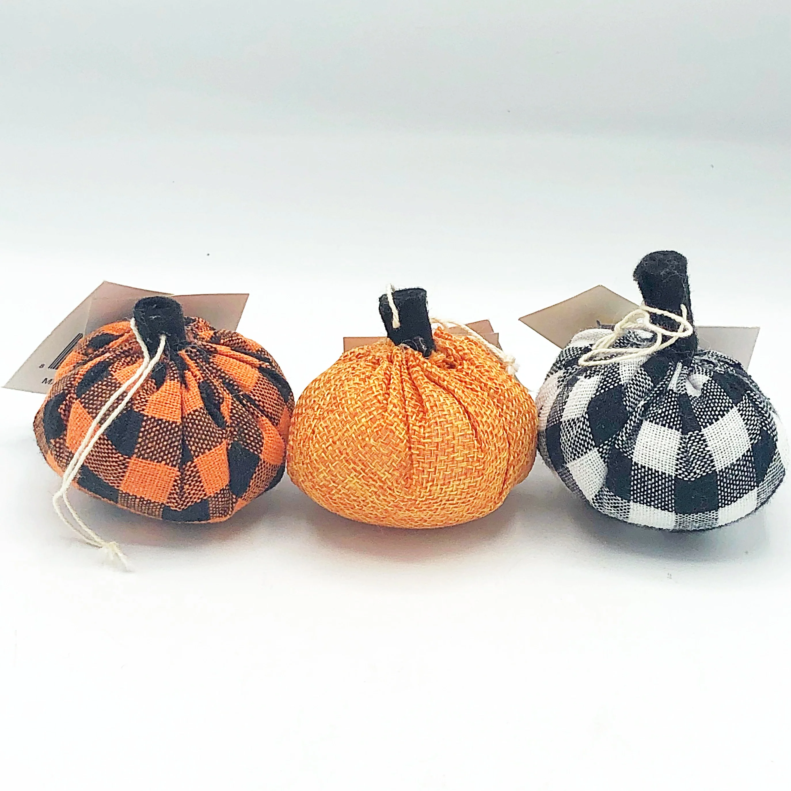 Set of 3 Mini Fabric Pumpkins - Orange Black Buffalo Plaid