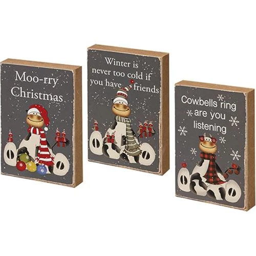 Set of 3 Moo-rry Christmas Cow Themed 5" Wooden Block Signs - Image 2