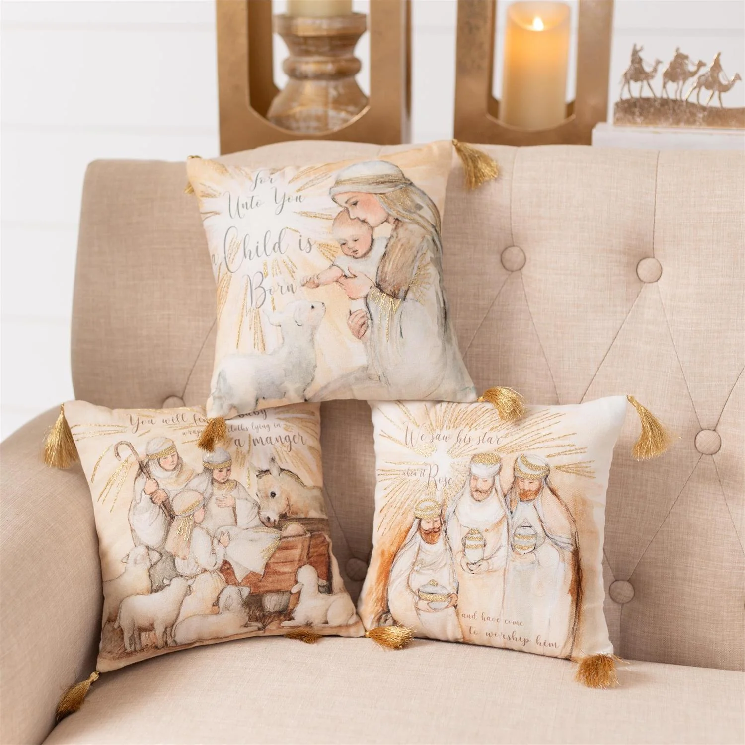 Set of 3 Nativity Scene Christmas 10" Accent Pillows