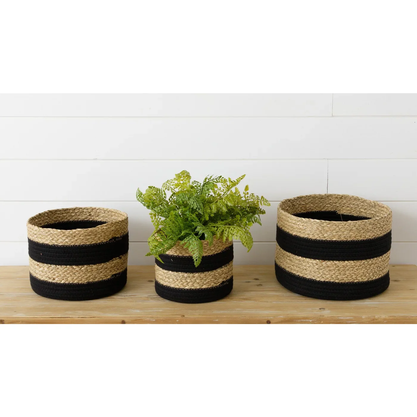 Set of 3 Nested Black Rope and Seagrass Stripe Baskets