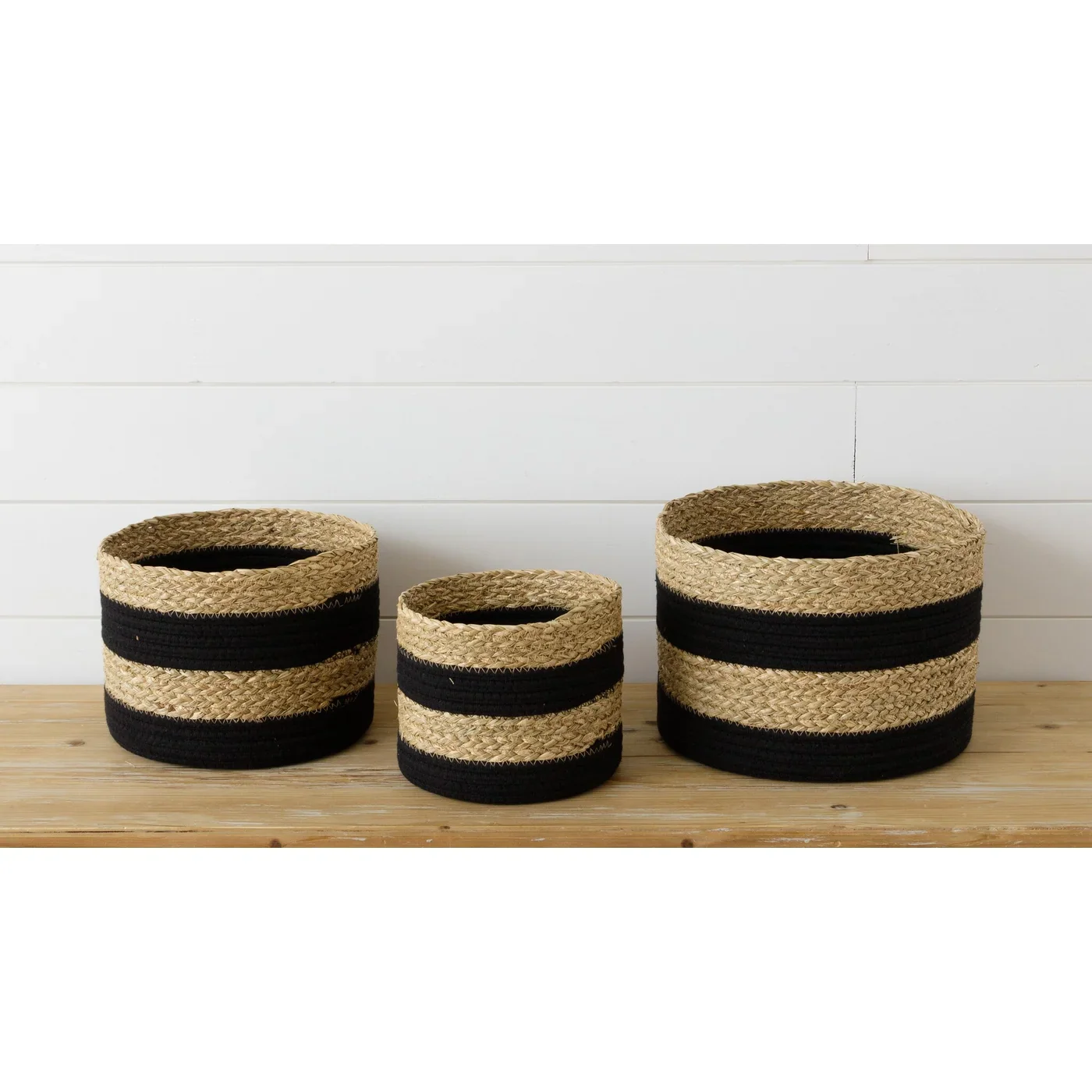 Set of 3 Nested Black Rope and Seagrass Stripe Baskets - Image 2