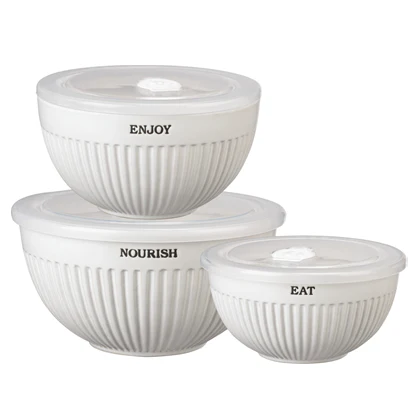 💙 Set of 3 Nourish Enjoy Eat Ceramic Bowls with Lids