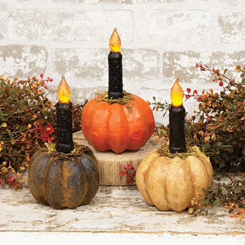 Set of 3 Papier Mache Mossy Pumpkin Taper Holders - Image 2