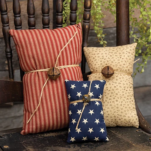 Set of 3 Primitive Americana Jingle Bell Decorative Pillows