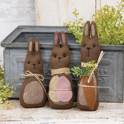 Set of 3 Primitive Chocolate Bunny Family Fabric Figures - Image 2