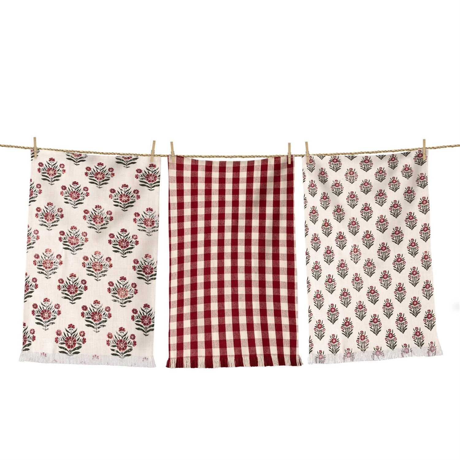 Set of 3 Red Block Print Silhouette Tea Towels