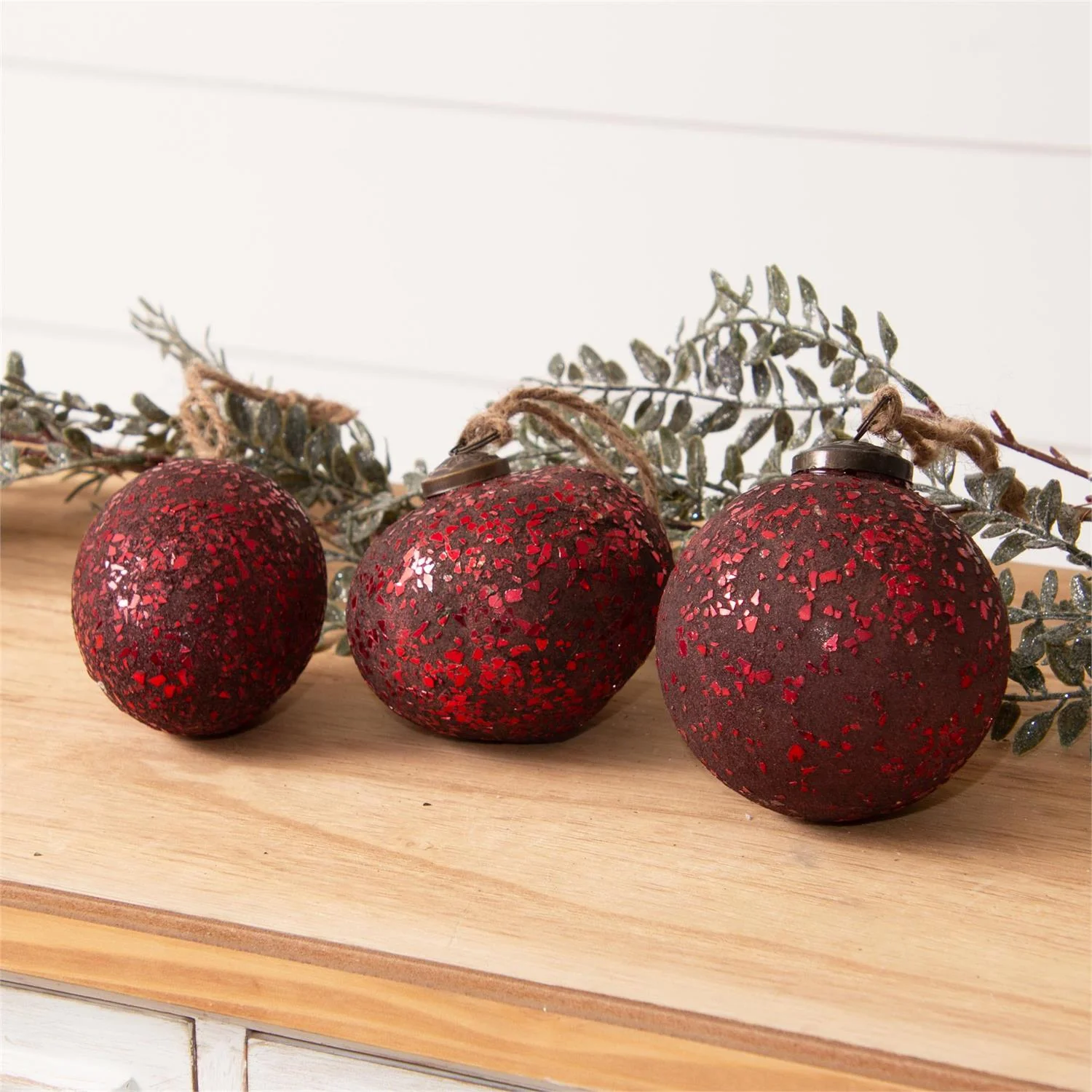 Set of 3 Red Crushed Glass Mosaic Ornaments - Image 2
