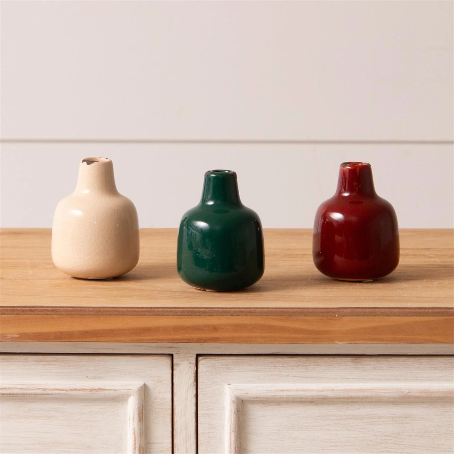 Set of 3 Red Green White Mini Bud Vases