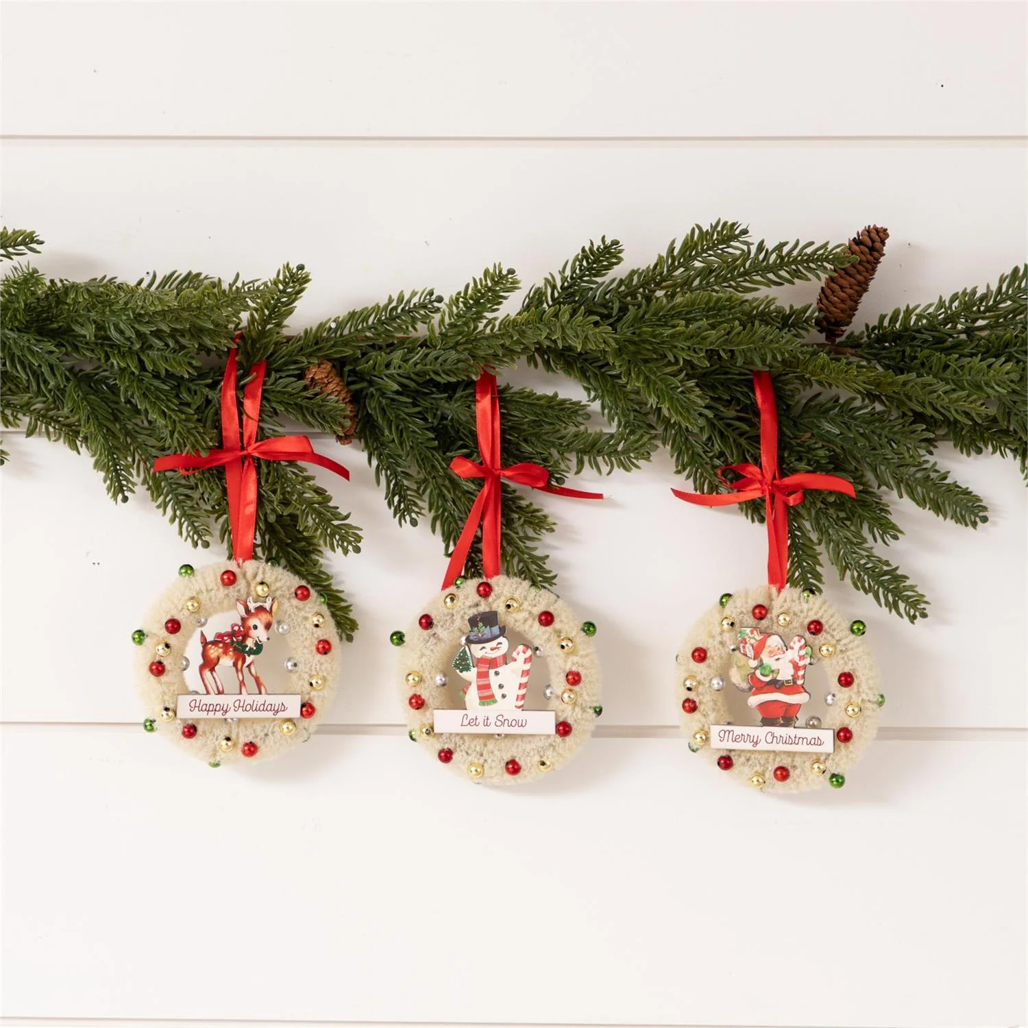 Set of 3 Retro Christmas Bottle Brush Wreaths