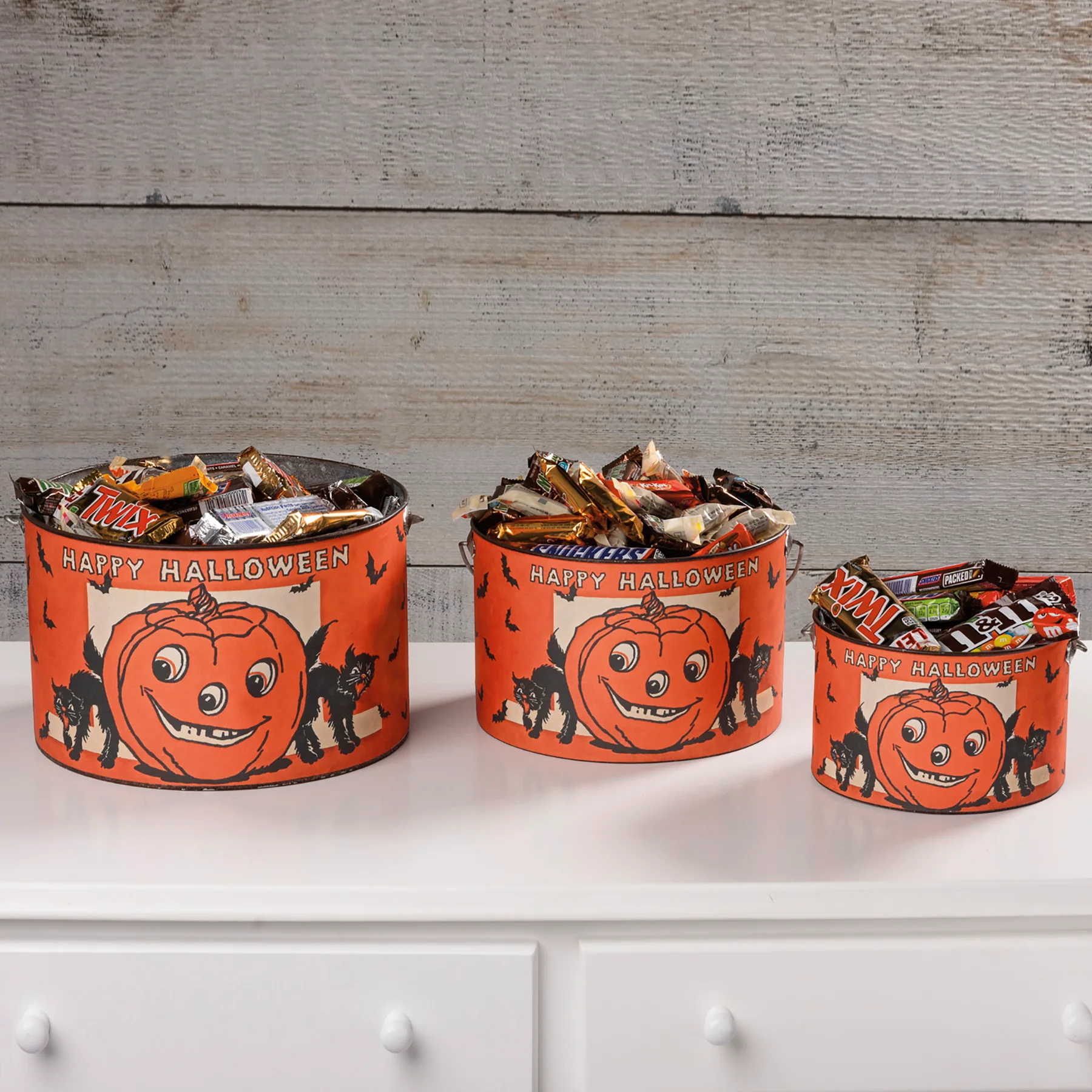 Set of 3 Retro Halloween Jack and Cat Bucket Set