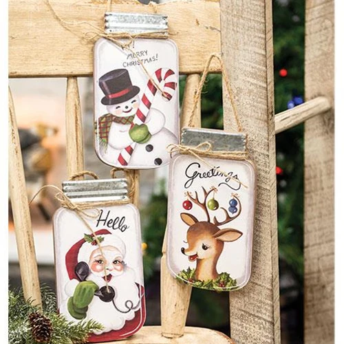 Set of 3 Retro Santa Deer Snowman Mason Jar Shaped 8" H Hangers - Image 2