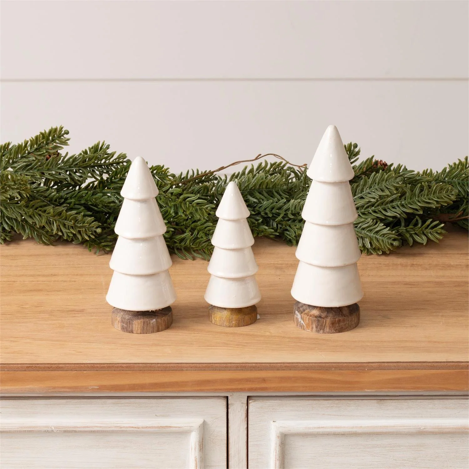 Set of 3 Rustic White Wood Trees With Enamel Coating