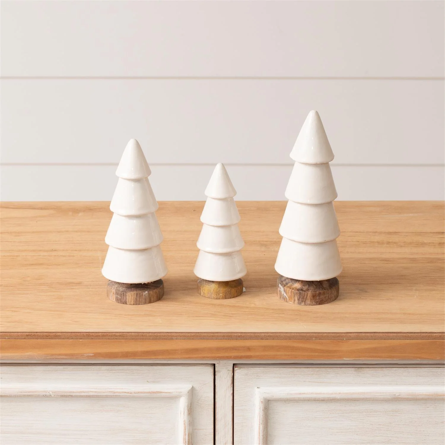 Set of 3 Rustic White Wood Trees With Enamel Coating - Image 2