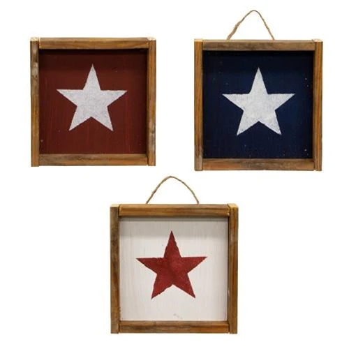 Set of 3 Rustic Wood Framed Hanging Star Block Signs 6.5" - Image 2