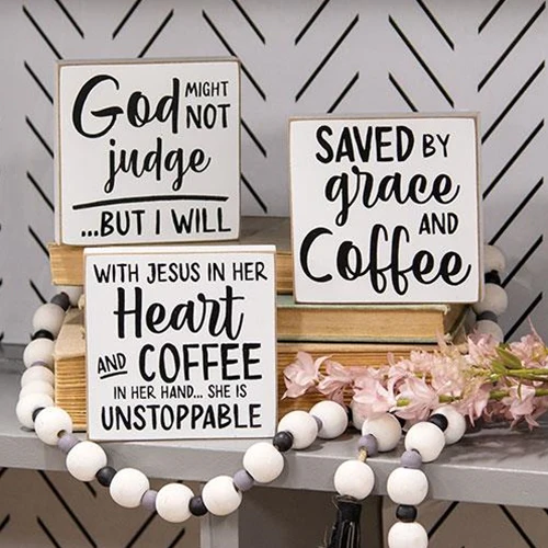 Set of 3 Saved by Grace and Coffee 4" Square Block Signs - Image 2