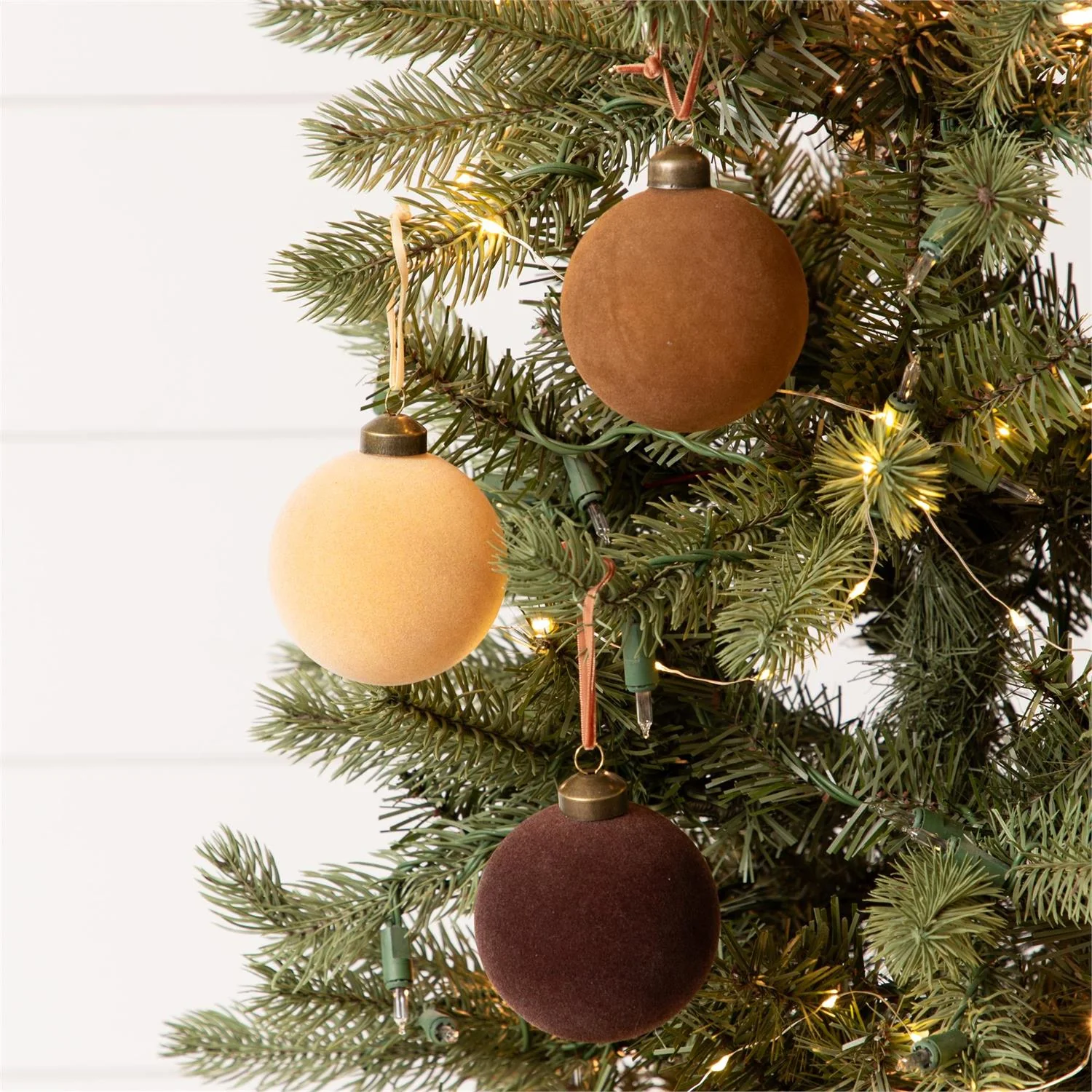 Set of 3 Shades of Brown Flocked Ornament Balls 3.5"