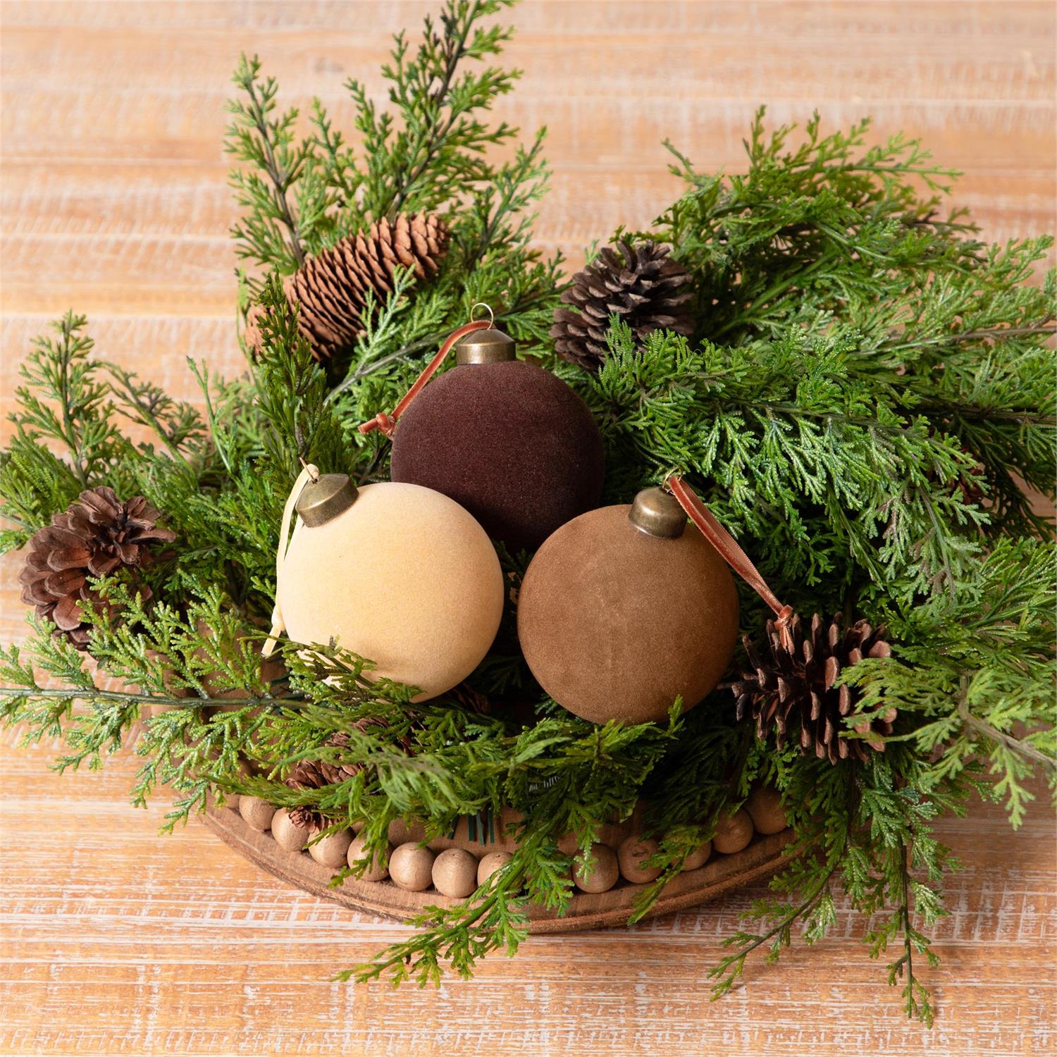 Set of 3 Shades of Brown Flocked Ornament Balls 3.5" - Image 2