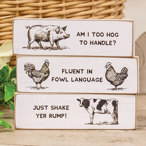 💙 Set of 3 Spunky Cow Pig Chicken Mini Stick Signs