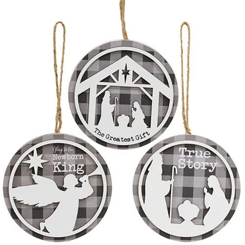 Set of 3 True Story Nativity Buffalo Check Round Silhouette Ornaments