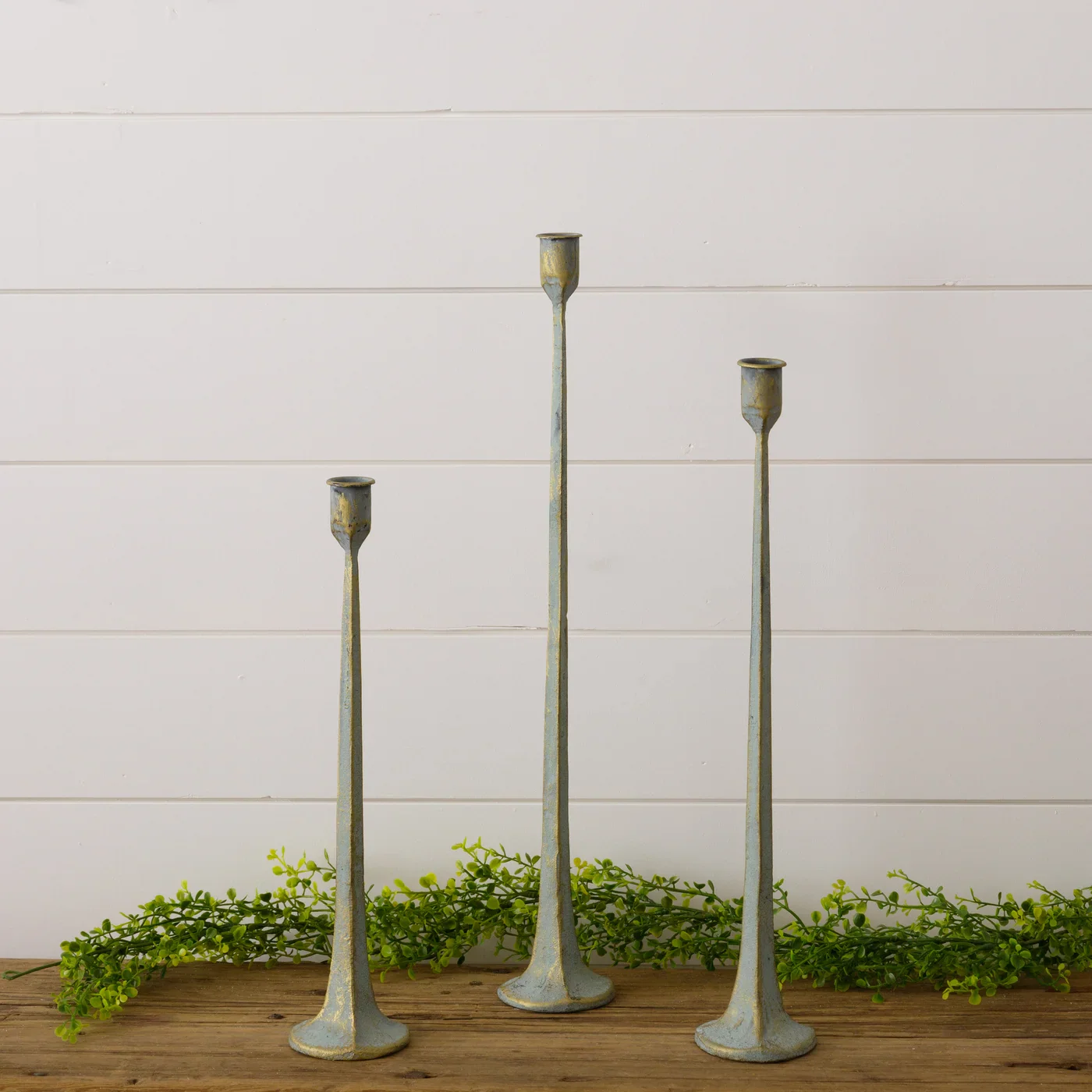 Set of 3 Verde Green Patina Hand Forged Metal Candle Holders - Image 2