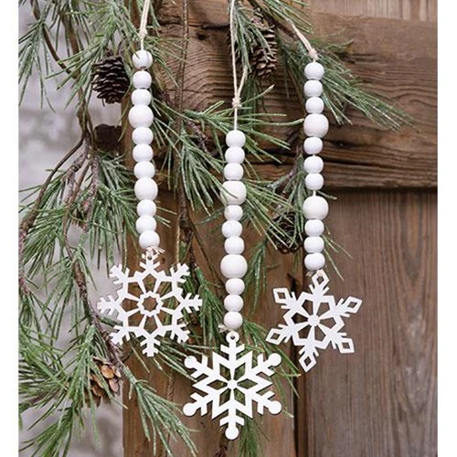 Set of 3 White Beaded Wooden Snowflake Cutout Ornaments - Image 2