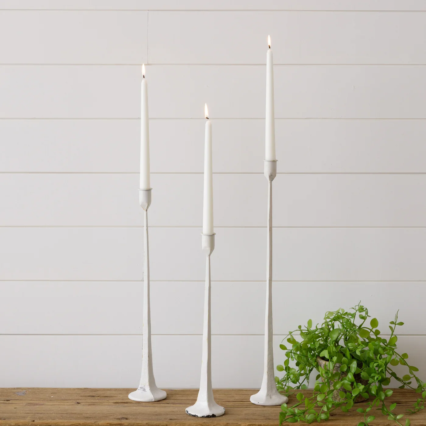 Set of 3 White Hand Forged Metal Candle Holders