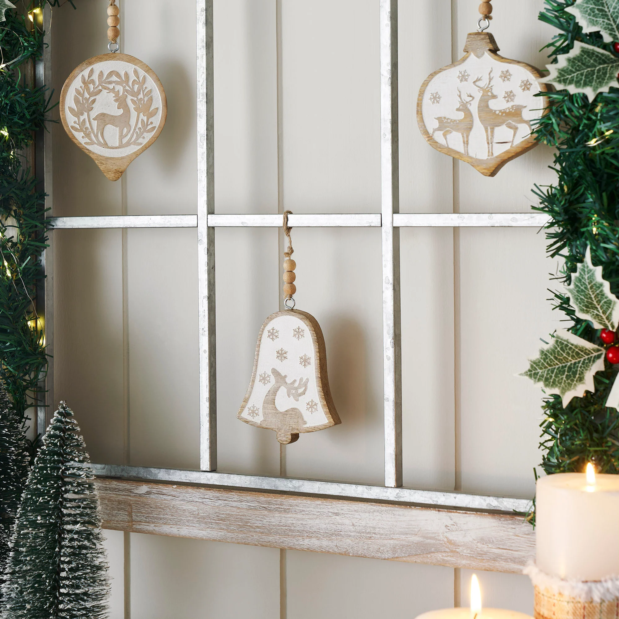 Set of 3 White Washed Winter Forest Natural Wooden Ornaments