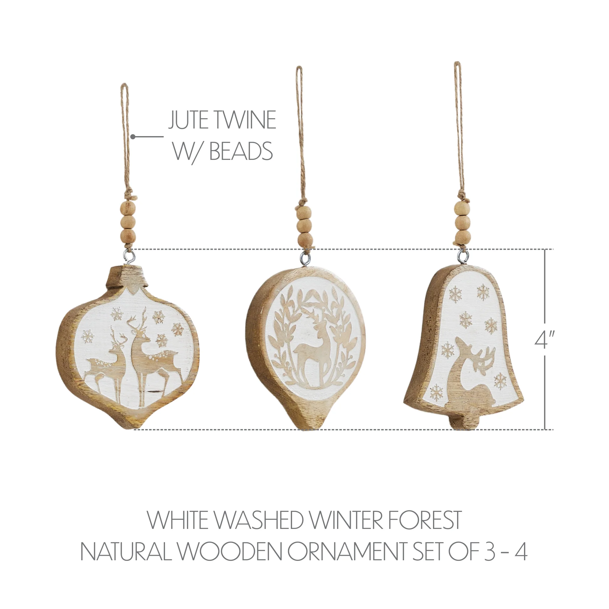 Set of 3 White Washed Winter Forest Natural Wooden Ornaments - Image 3
